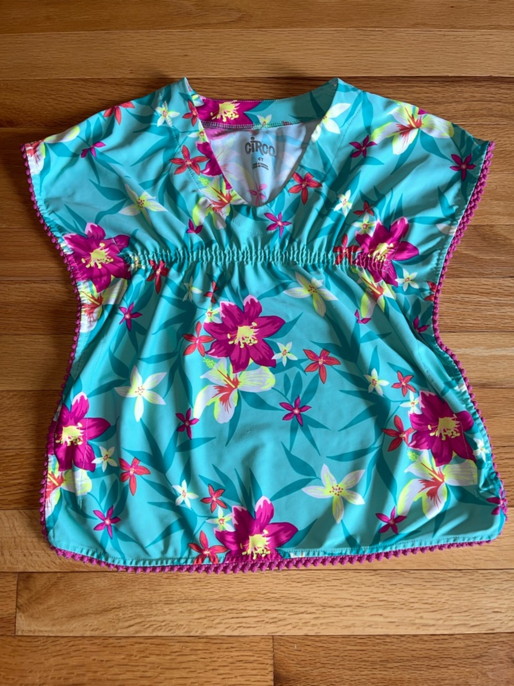 Circo Turquoise Floral Swim Tunic coverup with Pink Trim